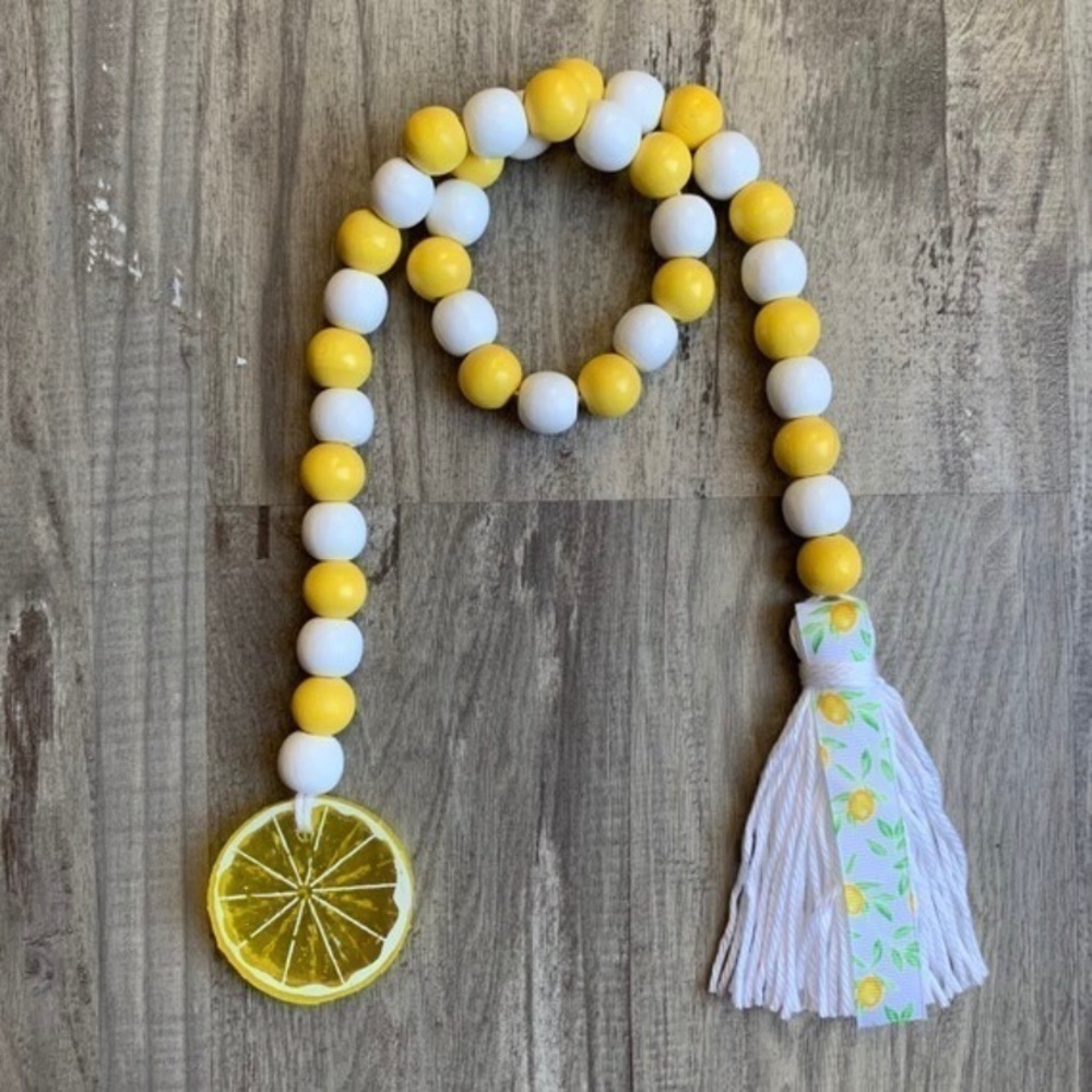 Lemon Wood Bead Garland Farmhouse Beads Yellow White Tiered Tray Decor
